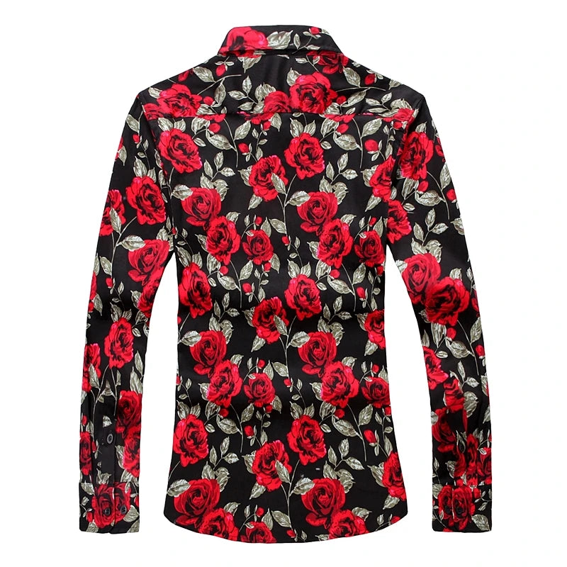 2026 New Men's Black-Red Rose Printed Cotton Shirt, Square Collar Long Sleeve Shirts, White Fashion Tops Camisa/ Chemise