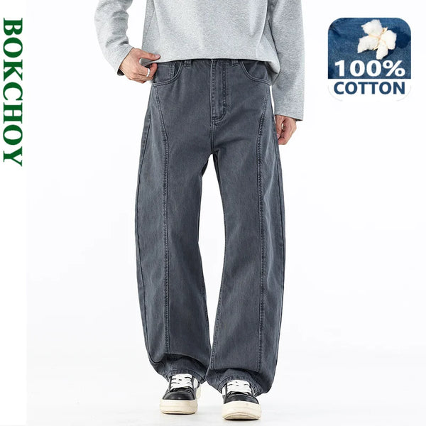 2026 Autumn New Vintage Washed Straight 100% Cotton Jeans for Men Clothing Comfort Zipper Fly Men Cropped Pants KK1866