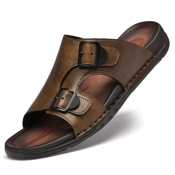 Summer Mens Leather Slippers Men Adjustable Slides Casual Sandals Brown Black Comfortable