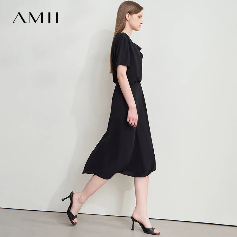 Amii Minimalist Light Luxury Dress 2026 Summer New Office Lady Elegant Ruffle Short Sleeves Swing Neck Midi Dress Robe 12552097