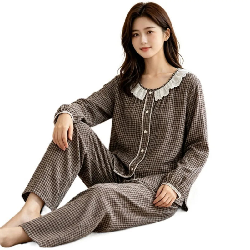 Plaid Sleepwear Women Pajamas Sleep Lounge Female Spring Autumn Long Sleeves Trousers Women’s Loungewear Suit 2-piece Nightwear