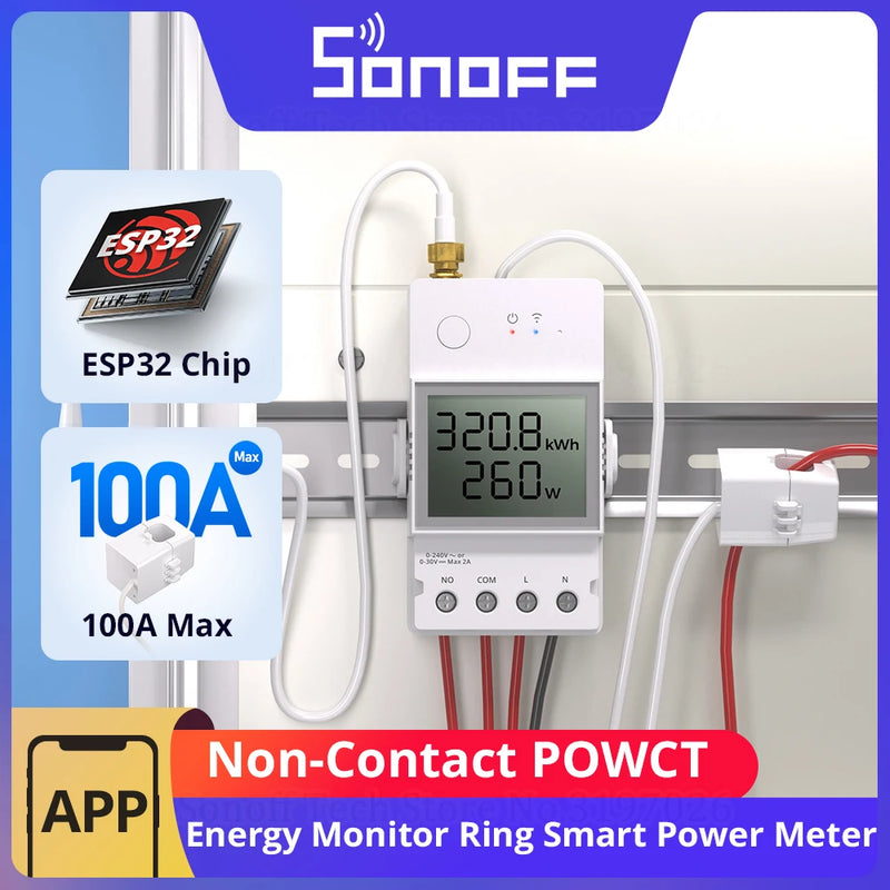 SONOFF POWCT Ring Smart Power Meter ESP32 Chip Non-Contact CT 100A Energy Monitor Contacter Control Works with Alexa IFTTT
