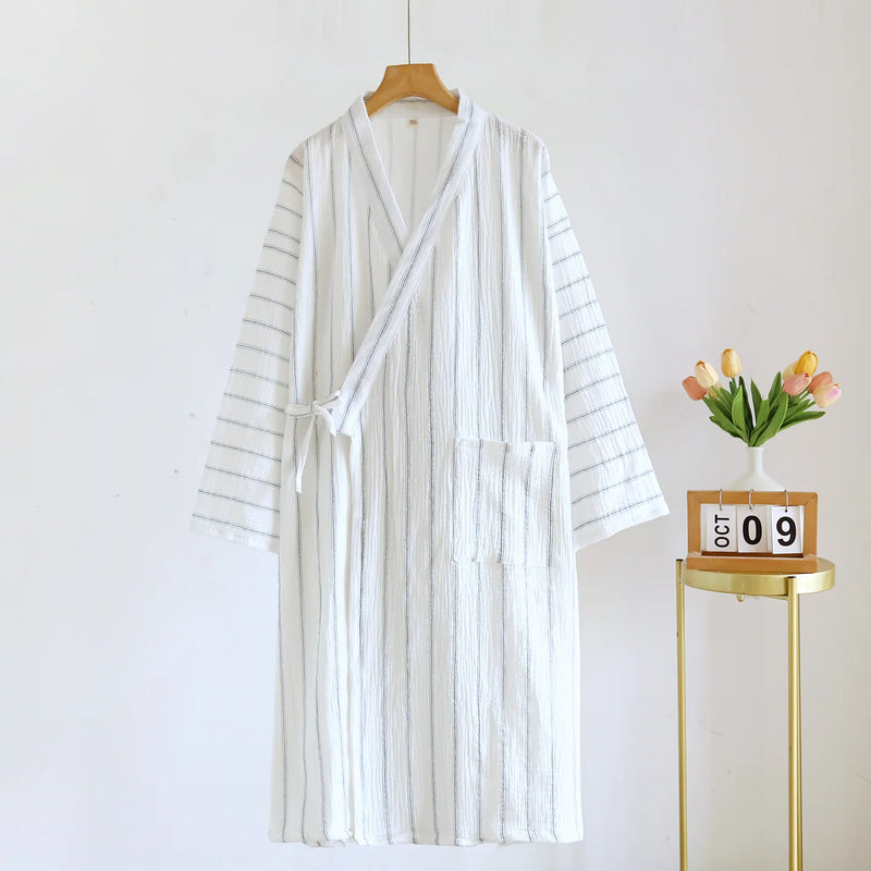 Kimono Gauze Cotton Bathrobe Striped Casual Robe Man Sleepwear 2026 New Spring Summer V-neck Loose Dressing Gown Lounge Wear
