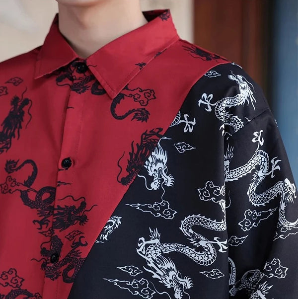 Unisex Street Dance/hip-hop Performance Attire, Loose Fit, Color-blocked Set with A Chinese Dragon Print. (Shirt and Pants)