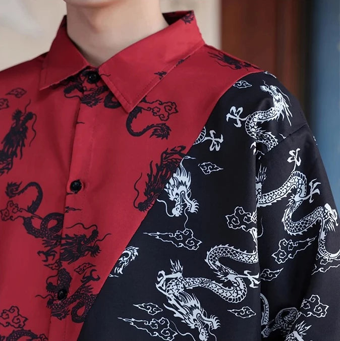 Unisex Street Dance/hip-hop Performance Attire, Loose Fit, Color-blocked Set with A Chinese Dragon Print. (Shirt and Pants)