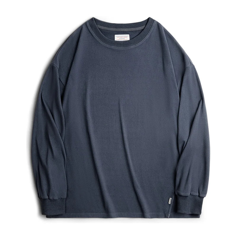 Maden Men's Warm Double-Sided Brushed Fleece Long-Sleeve T-Shirt Basic Loose Fit with Classic Ribbed Crew Neck Tops for Autumn