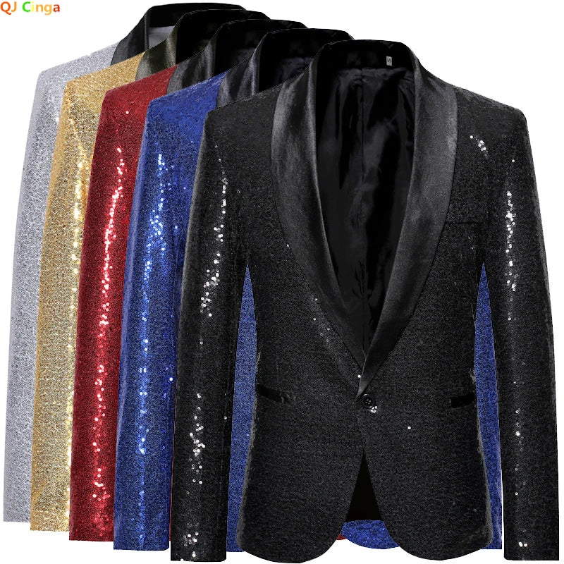 Shiny Gold Men Sequin Glitter Embellished Blazer Jacket, Nightclub Prom Suit Coats Mens Costume Homme Stage Clothes For Singers