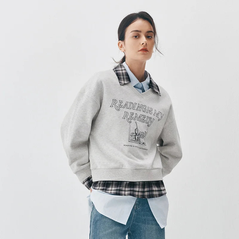 Semir Women Sweatshirt Fleece Lined Layered Look Turn Down Collar Retro Style 2026 Winter Warm Layer Everyday Wear