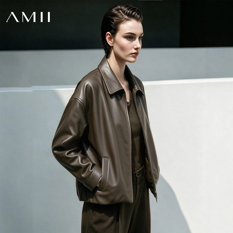 អាវធំ Amii Modern Retro Women Jacket Lapel Zip Drop Shoulder Faux Leather Jackets Oversize រដូវស្លឹកឈើជ្រុះឆ្នាំ 2026 អាវធំនារីទើបមកដល់ថ្មី 12623060