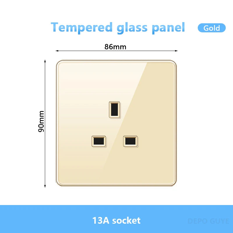 UK 13A Wall Tempered glass Socket Plug,British Standard Double 13A Wall Electrical Power Outlet Panel Black/White/Gray/Glod