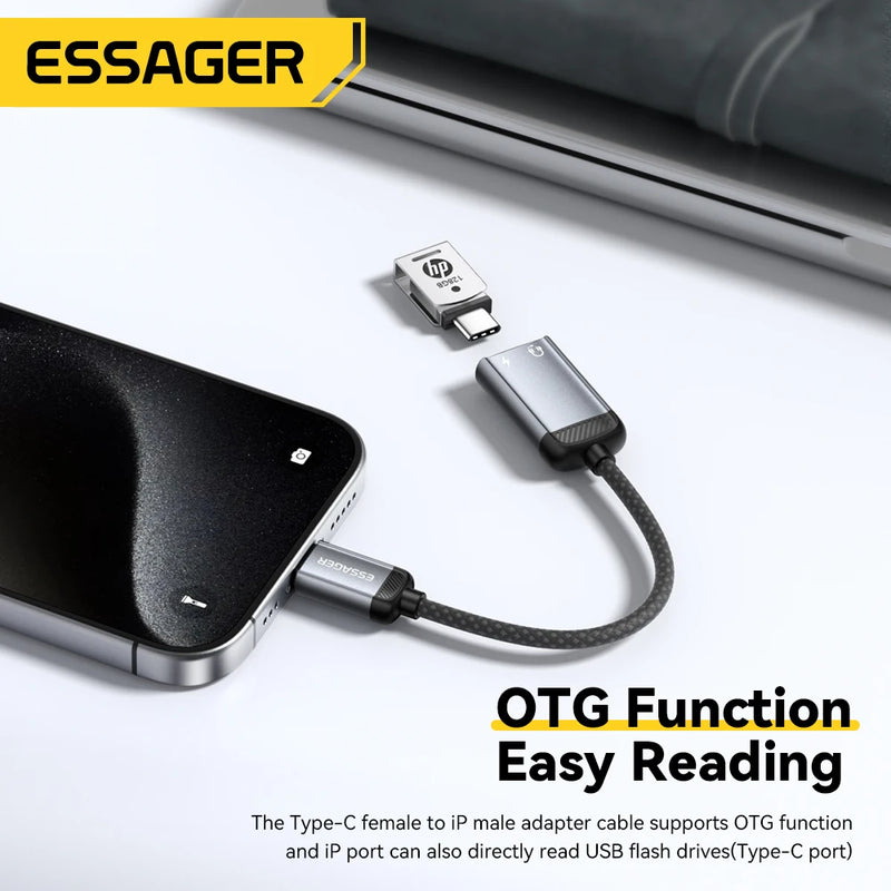 ខ្សែអាដាប់ទ័រអូឌីយ៉ូ Essager Type C សម្រាប់កាស Type-C ស្រីទៅ IP ប្រុស OTG អាដាប់ទ័រសម្រាប់ iPhone 17 16 15 14 Samsung Xiaomi iPad