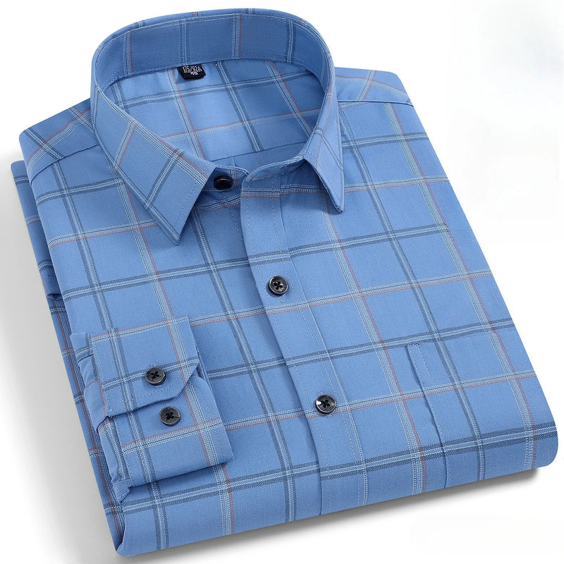 Men's Black Long-sleeve Plaid Shirt for Spring and Fall; Wrinkle-resistant, Quick-drying, Casual Stretch Shirt. White,Gray,Blue.