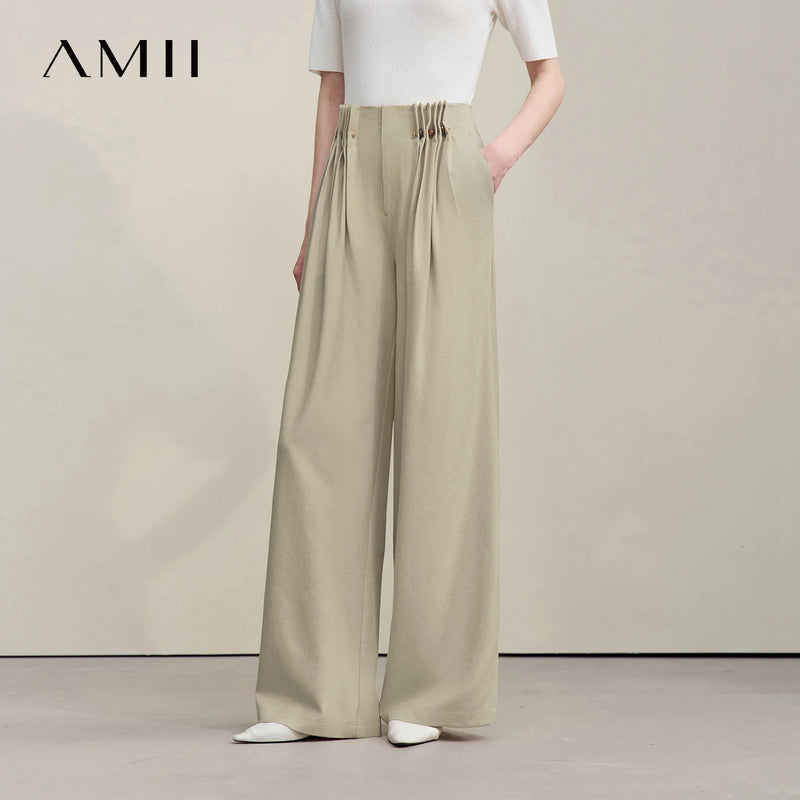 Amii Women's Wide Leg Pants 2026 Summer New Beaded Pleated Loose Trousers Casual Pants For Women With Metal Pin Detail 12652007