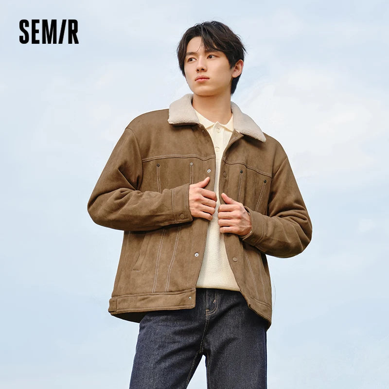Semir Faux Suede Jacket Collar Fleece Lined Men 2025 Winter Vintage Style Workwear Loose Fit Warm Casual Outerwear Coat