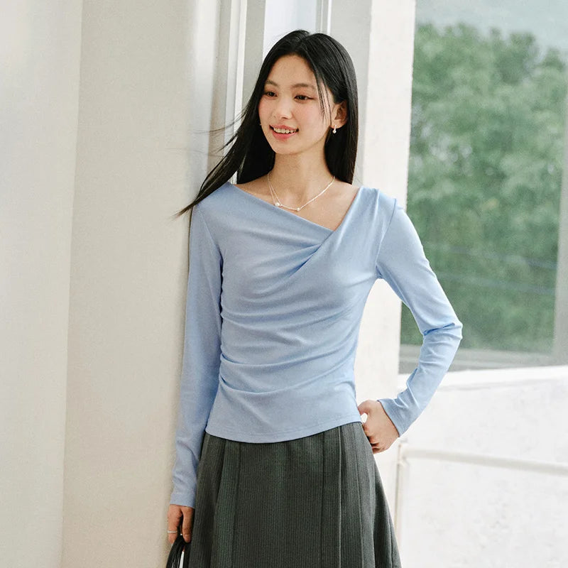 Semir Slim Fit Tshirt Women 2026 Spring Short Asymmetric Neck Oblique Shoulder Solid Color Casual Fashion Stylish Top