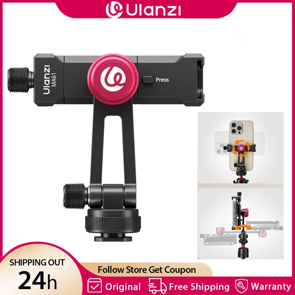 ក្ដាប់ទូរស័ព្ទ Ulanzi MA61 QuickClip ជាមួយ Cold Shoe Mount ជាមួយវីសបង្វិល 360° ទំហំ 1/4" ទទឹង 65-90mm សម្រាប់ Tripod Video Light Mount