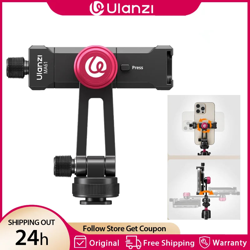 ក្ដាប់ទូរស័ព្ទ Ulanzi MA61 QuickClip ជាមួយ Cold Shoe Mount ជាមួយវីសបង្វិល 360° ទំហំ 1/4" ទទឹង 65-90mm សម្រាប់ Tripod Video Light Mount
