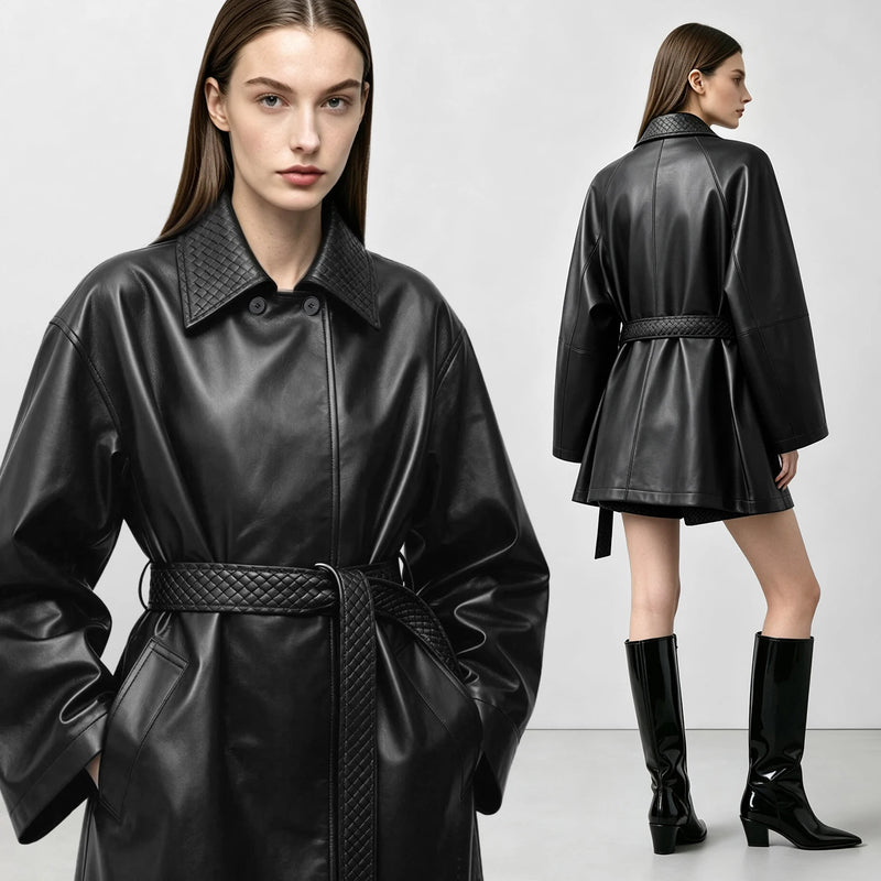 Amii Women's Oversize Faux Leather Jacket Lapel Collar Belt Raglan Sleeve Fashion Coat 2026 Autumn Trend Woman Clothing 12653017