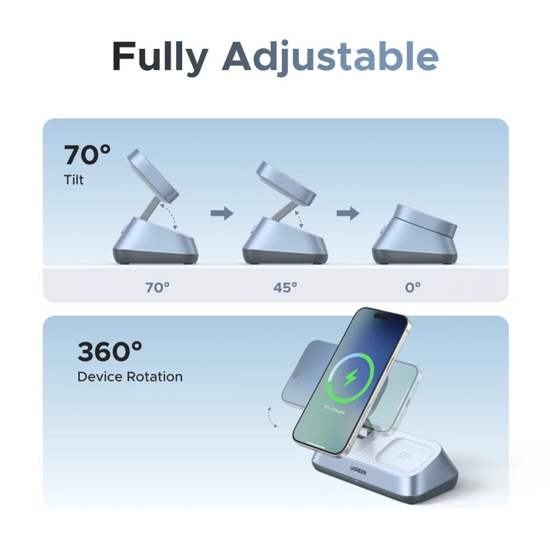 UGREEN Qi2 25W MAX Magnetic Wireless Charger Stand 3- in-1 Charging For iPhone 17 Pro Max/AirPods 4 For MagSafe Fast Charger