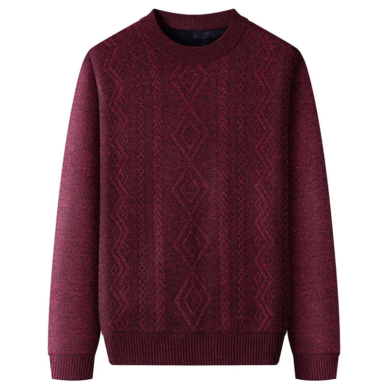 Thick Thermal Crew Neck Pullover Men Vertical Geometric Diamond Pattern Soft Fleece Lining Weekend Outing Knitwear