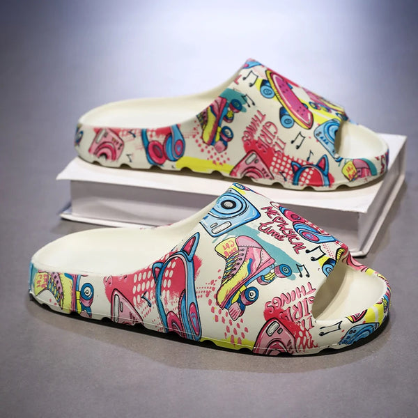 Hip Hop Music Graffiti Printed Slide Sandals Soft Cushioned EVA Cloud Slides Indoor Outdoor Beach Shower Slippers Big Size