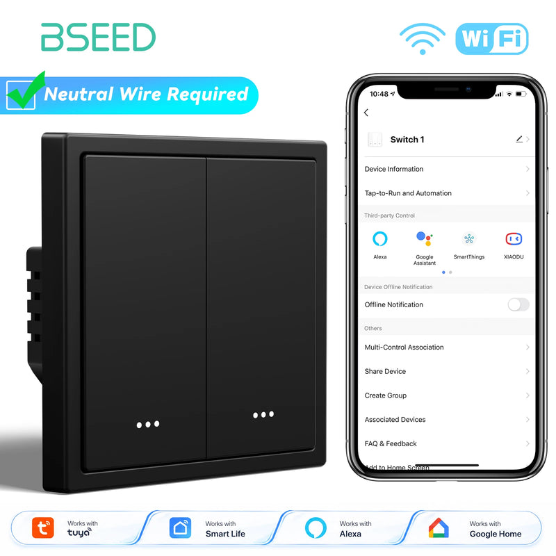 BSEED E Series Smart WIFI Light Switch 1/2/3/4Gang Smart Click Button Switch For Stairs Plastic Frame Tuya Smart Life Control