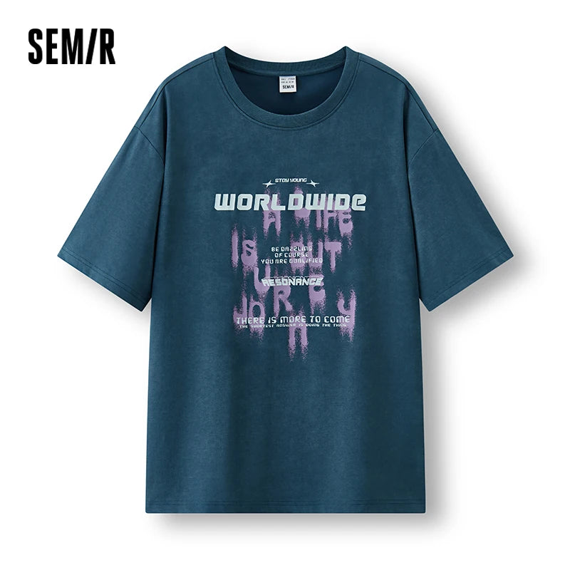 Semir Mens Tshirt 2026 Color Block Letter Knitted Loose Soft Crew Neck Light Batik Texture Casual Fashion