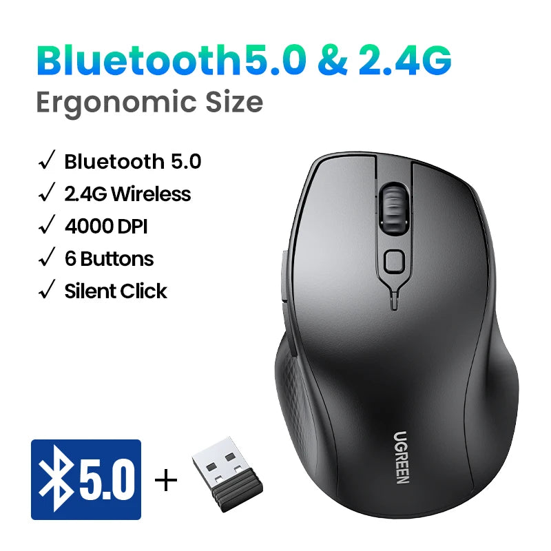 UGREEN Wireless Mouse Bluetooth 5.0 Ergonomic 4000 DPI 6 Mute Buttons For MacBook Computer Tablet Laptop PC 2.4G Wireless Mice