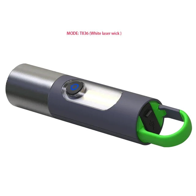 ពិល LED ពន្លឺខ្លាំង Zoom P50/ភ្លើងឡាស៊ែរពណ៌ស ពិលអាចសាកបានតាម USB ចង្កៀងបោះតង់ចល័តក្រៅផ្ទះជាមួយទំពក់