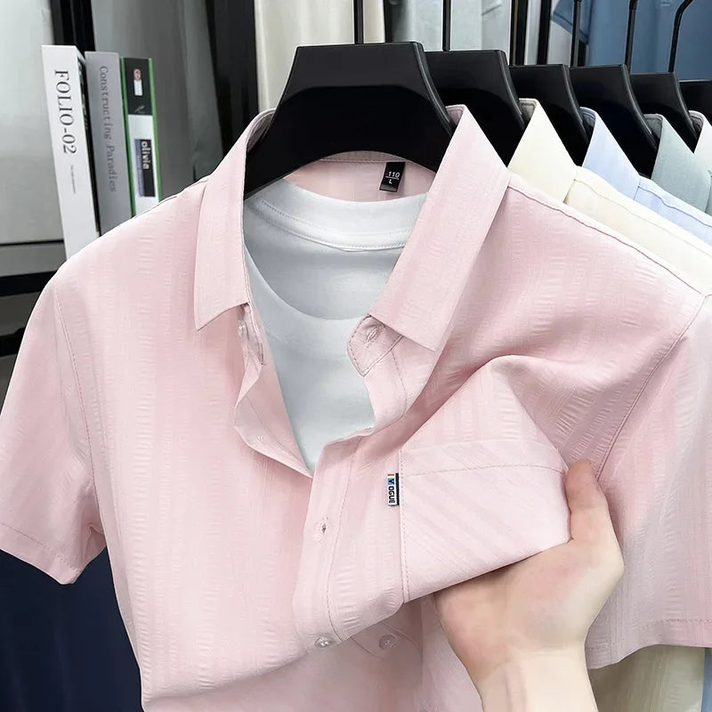 Mens Short Sleeve Shirt Casual Regular Fit Button Up Lapel Collar With Pocket Soft Breathable For Business Weekend Wear