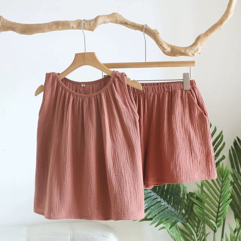 Summer Pajamas Two-Piece Women's Set Soft Home Wear New Solid Color Sleeveless O-Neck Home Suit Shorts Loungewear Pyjama Femme