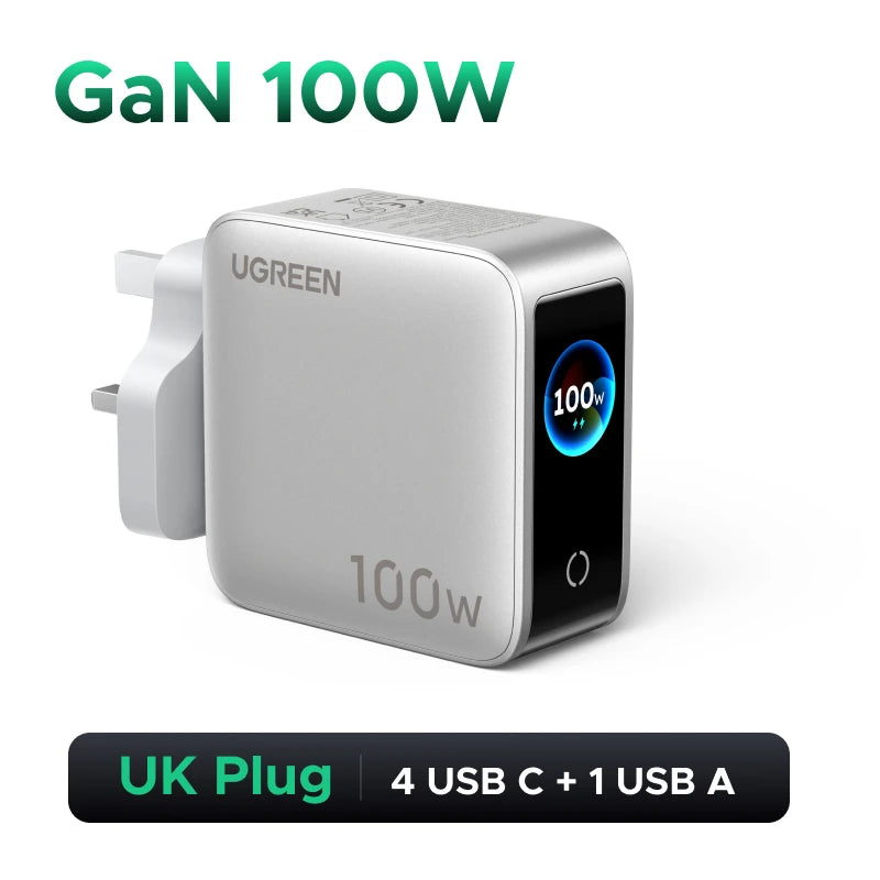 UGREEN 100W GaN Charger With Smart Display QC4.0 PD 3.0 USB C Charger For MacbookPro Laptop iPhone 18 17 Pro iPad Tablet Samsung