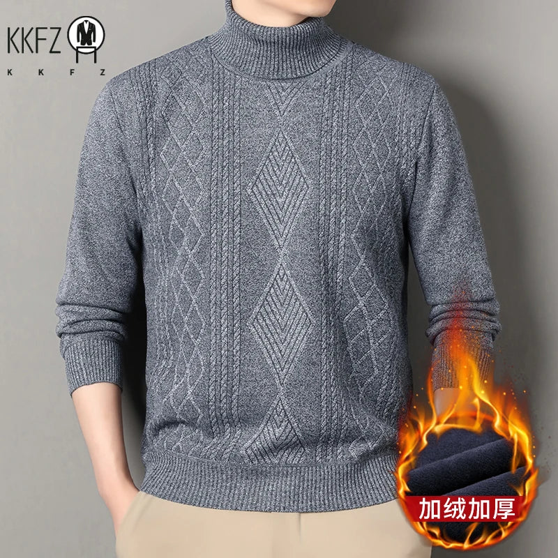Three Dimensional Twist Weave Male Turtleneck Sweater Diamond Cable Allover Pattern Fleece Lined Rib Hem Pullover