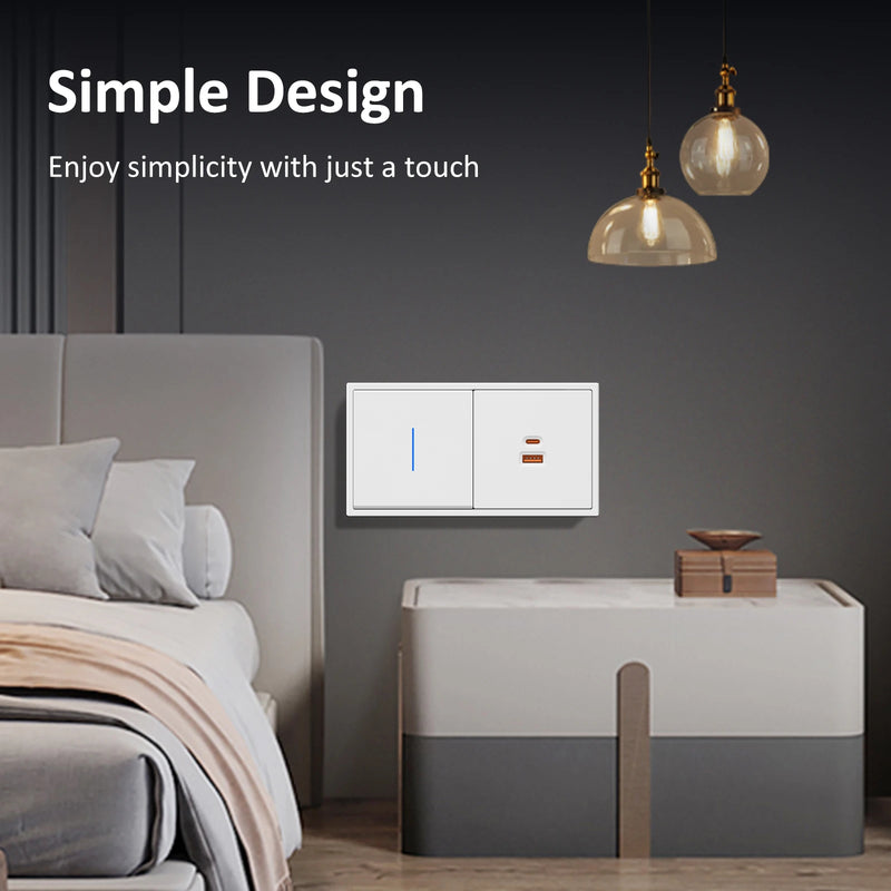 BSEED Mechanical Button Light Switch 1/2Gang 1Way With 65W USB Type-C Fast Charge Socket Plastic Frame Switch With LED Indicator
