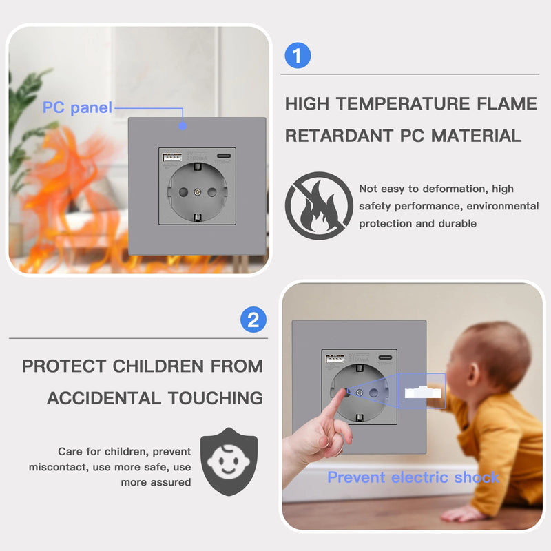 BSEED EU Wall Sockets Single Power Outlets Gray Double Frame Sockets Plastic Panel Triple Power Plugs Kids Protection 16A