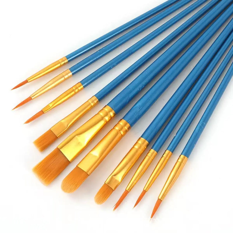 10 Pcs Nylon Hair Paint Brushes Set, Pearl Plastic Handle Watercolor Oil Acrylic Painting Brush for Students Beginners