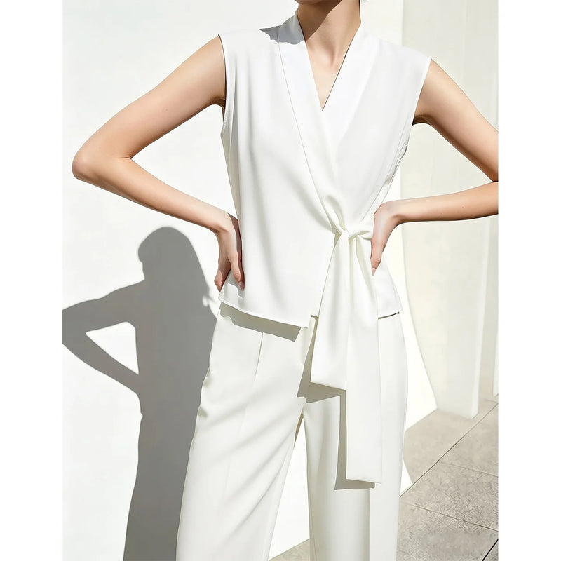 Amii Elegant Women's Blouse 2026 Summer New V-Neck Sleeveless Chiffon Top Satin Spliced Office Flowy Shirt For Women 12642213