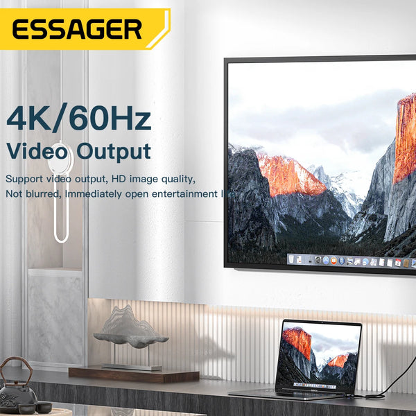 អាដាប់ទ័រ Essager PD 100W ម៉ាញេទិក USB C OTG សាកថ្មលឿន ឧបករណ៍ភ្ជាប់ម៉ាញេទិកប្រភេទ C 20Gbp ធ្វើសមកាលកម្មទិន្នន័យ 4K@60Hz សម្រាប់កុំព្យូទ័រយួរដៃ Macbook