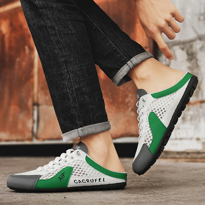 Men's Mules casual slippers summer breathable light soft-sole non-slip outdoor walking shoes fashion mesh comfort semi slippers