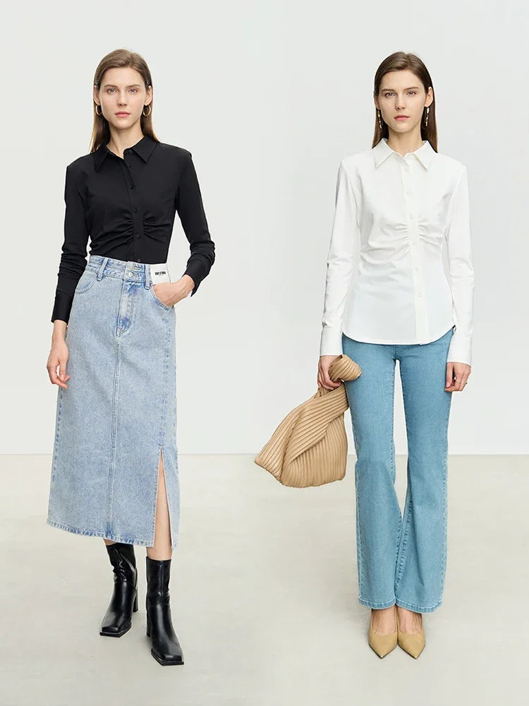អាវ AMII Minimalism Asymmetric សម្រាប់ស្ត្រី 2025 រដូវស្លឹកឈើជ្រុះថ្មី Niche Folds Slim Office Lady Solid Female Shirts & Blouses 12343069