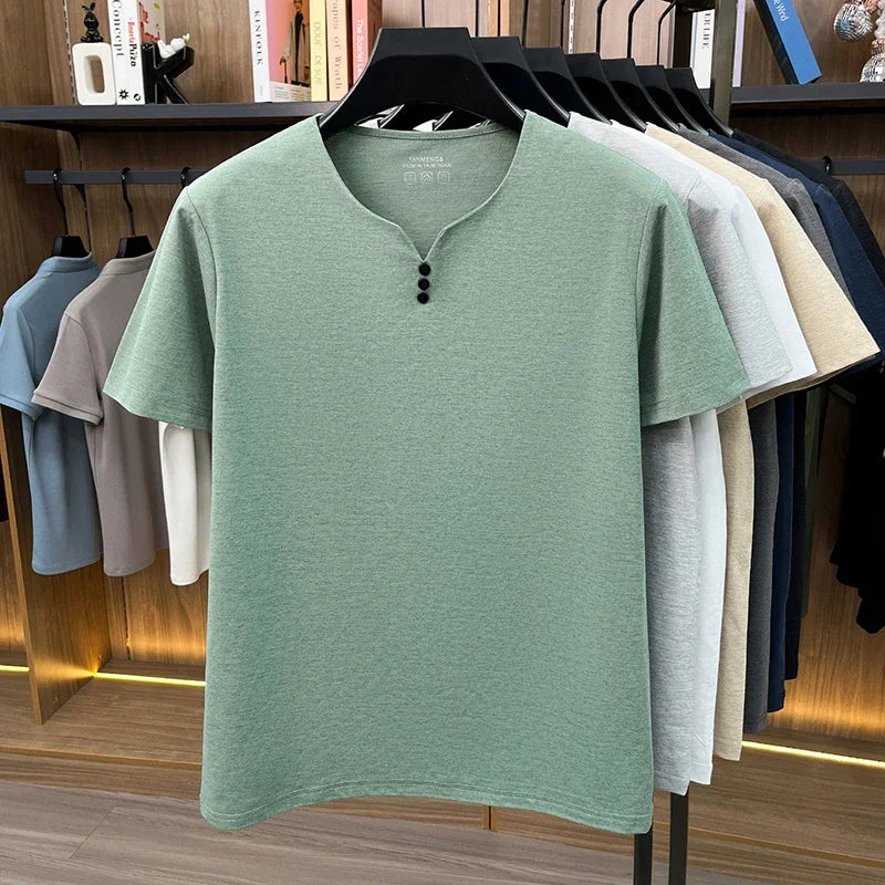 Men Henley Neck T Shirt With Classic Placket Short Sleeve Ideal For Everyday Office Work And Casual Wear Activities