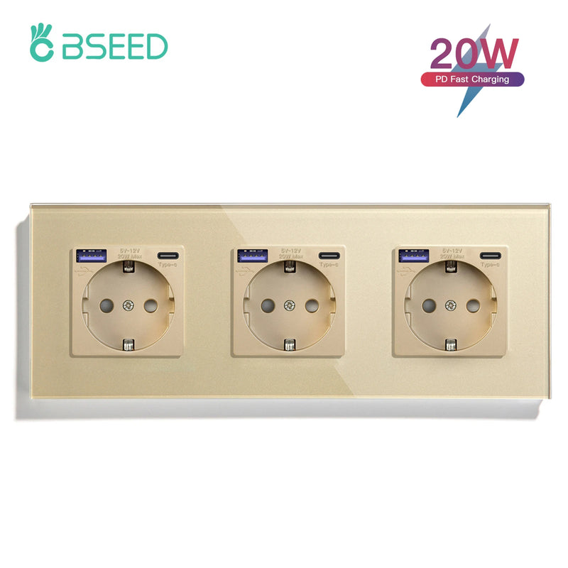 BSEED EU Standard Wall Power Sockets Type-C Interface Outlet USB Fast Charge Port 20W Glass Panel Kids Protection 16A