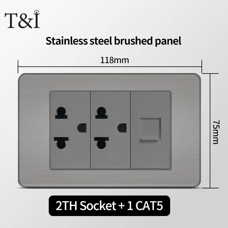 T&I 118 Premium Stainless Steel Brushed Wall Socket with USB Type - C, US Switch, Thai Plug for Home & Office Use