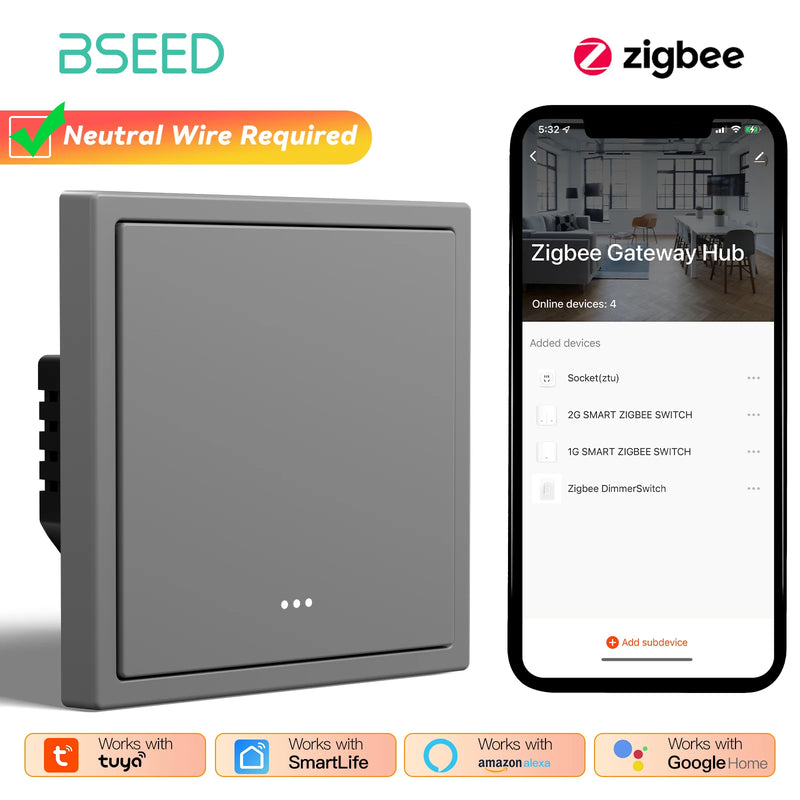 BSEED Zigbee Click Light Switch 1/2/3/4Gang Smart Button Switch Plastic Frame Tuya Smart Life Alexa Control Need Neutral Line