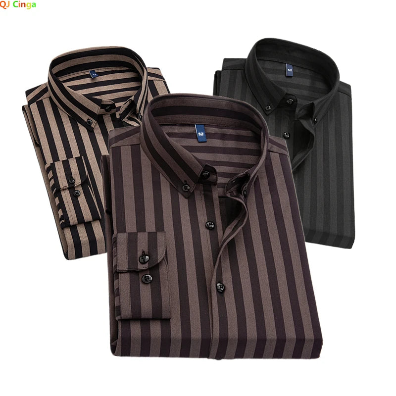 Black Striped Long Sleeve Shirt, Men's Single Breasted Shirts, with Square Collar Yellow Brown Camisas Para Hombre M-5XL