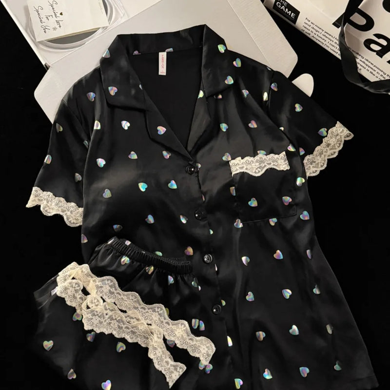 2 Piece Pajamas Set for Women Summer Chest Pads Loungewear Elegant Short Sleeve Button Lapel Collar Top New Women's Sleepwear
