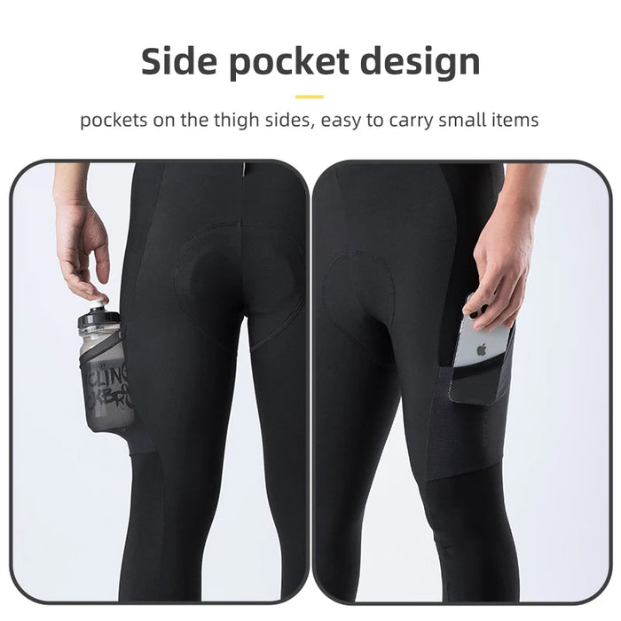 ROCKBROS Men's Cycling Straps Trousers Seamless Women Autumn Warm Breathable Bicycle Clothes Side Pocket Pad Road Bike Bib Pants
