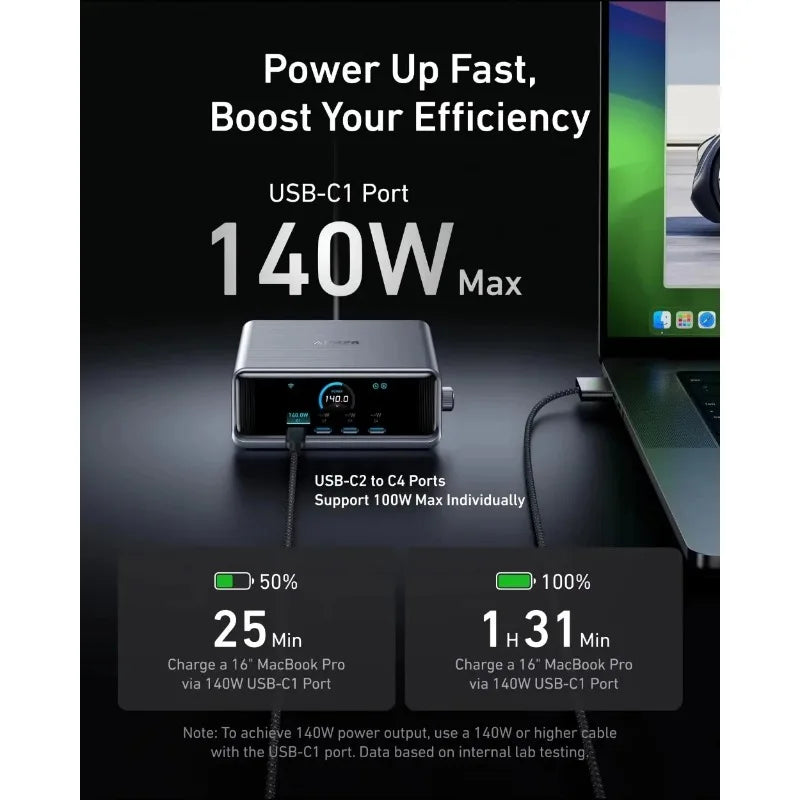 ស្ថានីយសាកថ្ម Anker A2345 Prime 250W GaN រន្ធ 6 USB C សម្រាប់ដាក់លើតុ សាកថ្មលឿន អេក្រង់ LCD ទំហំ 2.26 អ៊ីញ អាដាប់ទ័រថាមពលឆ្លាតវៃ សម្រាប់ឧបករណ៍ច្រើនយ៉ាង