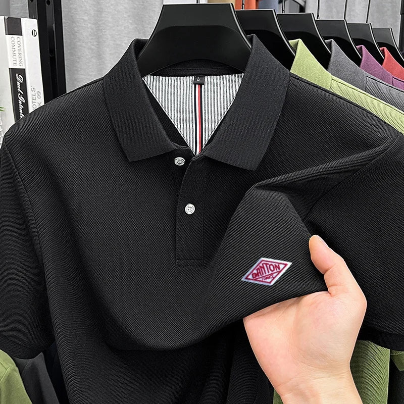 Designer Style 100% Cotton Man New Short-Sleeved Polo Shirt Lapel Button Slit Hem Letter Embroidery Classic Business Men's Wear