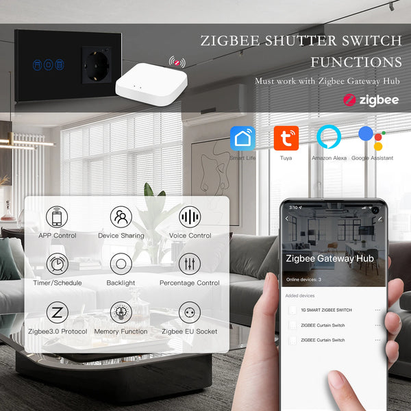 កុងតាក់ប៉ះ Tuya Zigbee Shutter សម្រាប់ម៉ូទ័រអគ្គិសនី Roller Shutter បូករួមទាំងរន្ធឆ្លាតវៃ Zigbee ការគ្រប់គ្រងកម្មវិធី Google Home Alexa